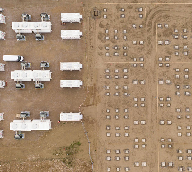 Aerial view of battery energy storage systems illustrating the energy transition